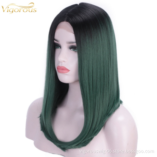 Vigorous synthetic hair full wig lace cheap good quality ombre green color long straight hair heat resistant women cosplay use